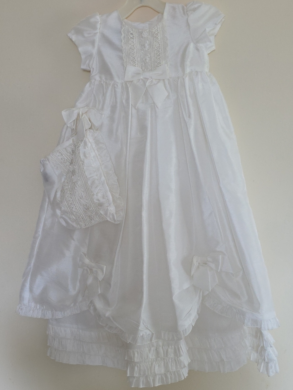 Wendy Bellissimo White Satin Christening Baby Dress & Hat 2-Piece Set